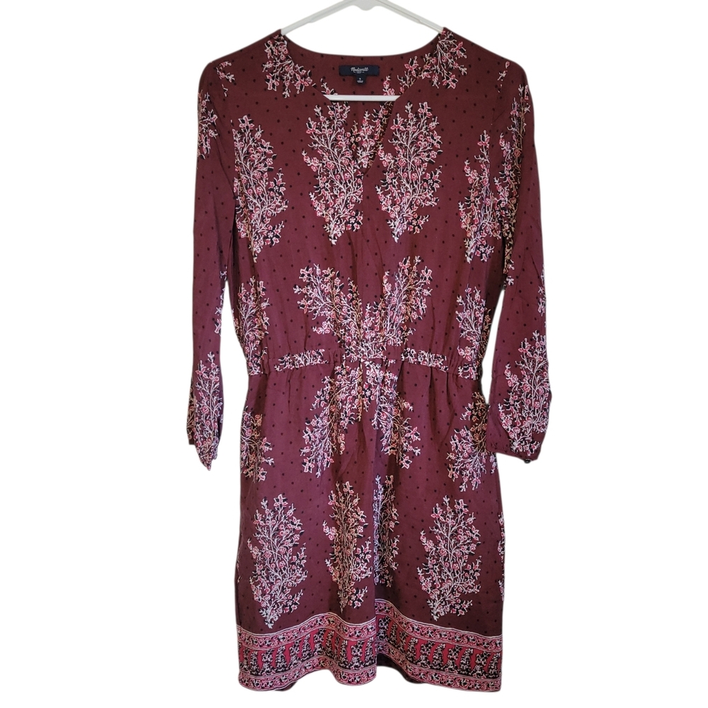 Madewell Silk Lassi Flower Popover Mini Dress Burgundy Boho Floral Size 2 - Picture 2 of 11